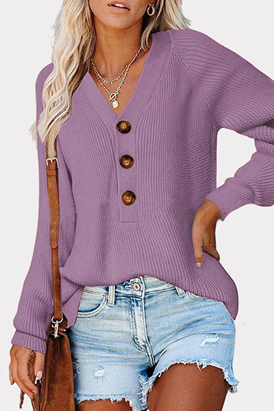 Casual Solid Split Joint Buckle V Neck Tops