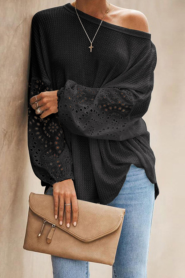 Casual Solid Hollowed Out Split Joint O Neck Tops(4 colors)