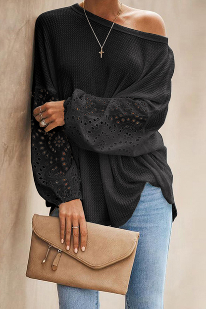 Casual Solid Hollowed Out Split Joint O Neck Tops(4 colors)