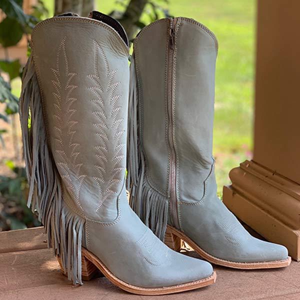 Women's Chunky Heel Side Zipper Tassel Cowboy Boots 85245484C