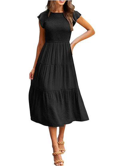 Women's Smocked Ruffle Butterfly Sleeve A-Line Midi Dress