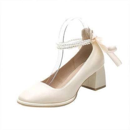 Women's Elegant Bow Knot Pearl Thick Heel Mary Jane 50382950S