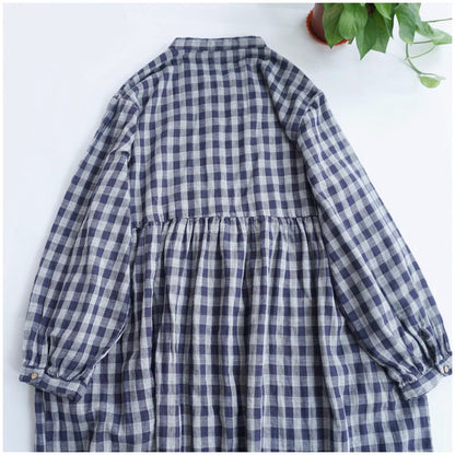 Turtleneck Check Cotton Midi Dress