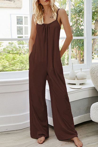 Fashion Living Solid Split Joint Spaghetti Strap Loose Jumpsuits