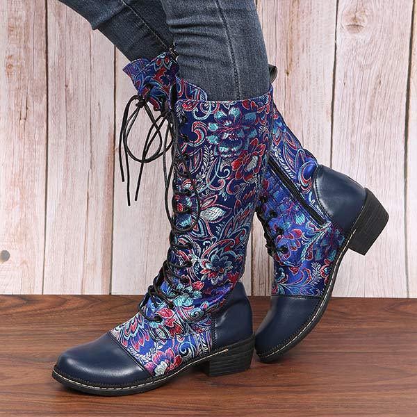 Women'S Ethnic Print Lace Up Side Zip Boots 96837984