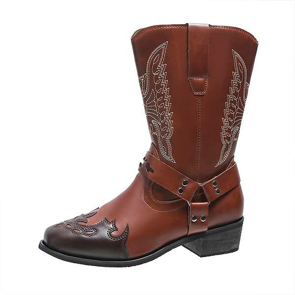 Women'S Embroidered Belt Buckle Mid Cavalier Leather Boots 66970909