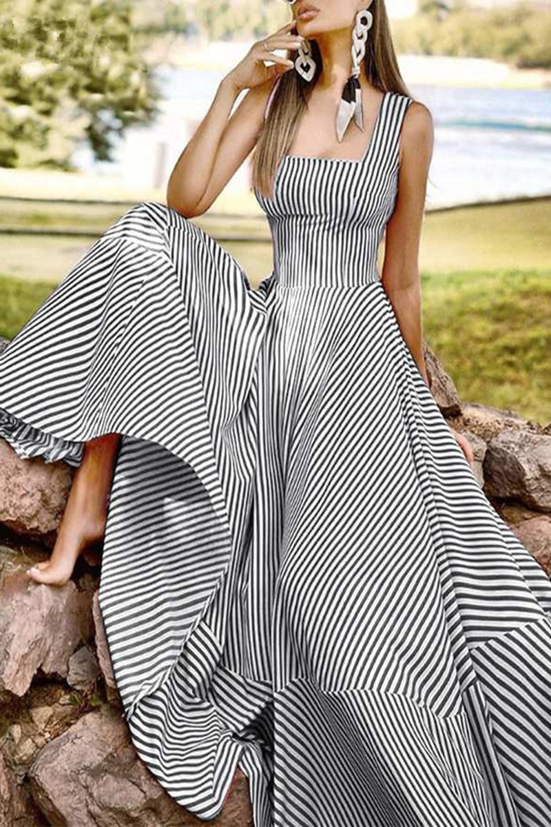 Elegant Striped Patchwork Square Collar Sleeveless Dress Dresses(3 Colors)