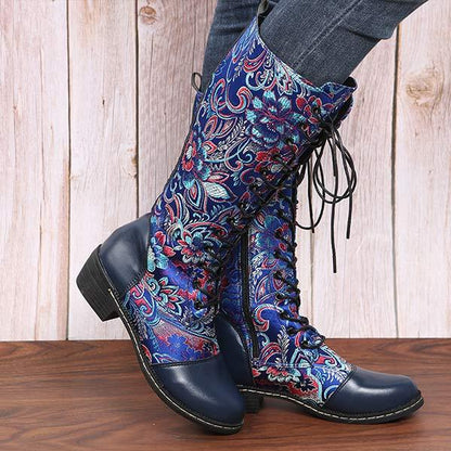 Women'S Ethnic Print Lace Up Side Zip Boots 96837984