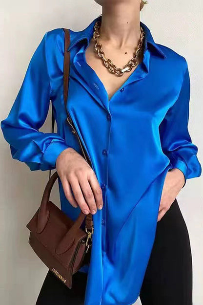 Celebrities Elegant Solid Make Old Buckle Solid Color Turndown Collar Blouses(4 Colors)