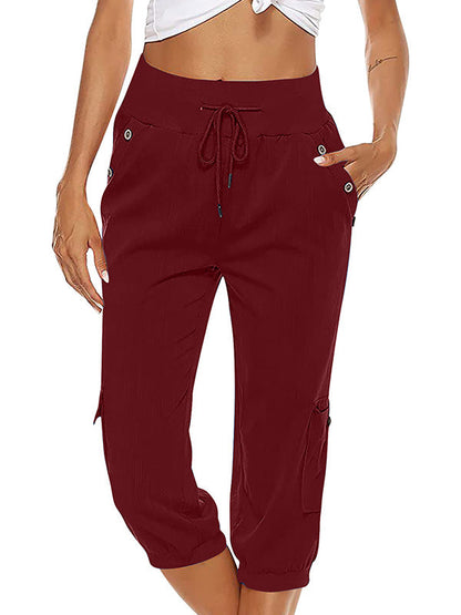Women's Drawstring Cargo Pants Elastic Waist Casual Capri