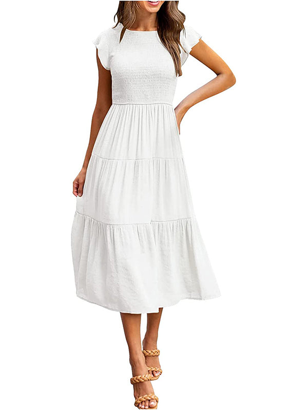 Women's Smocked Ruffle Butterfly Sleeve A-Line Midi Dress