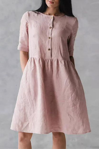 Casual Solid Buttons O Neck Short Sleeve Dress