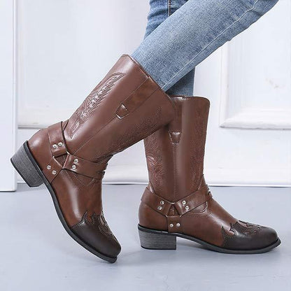 Women'S Embroidered Belt Buckle Mid Cavalier Leather Boots 66970909