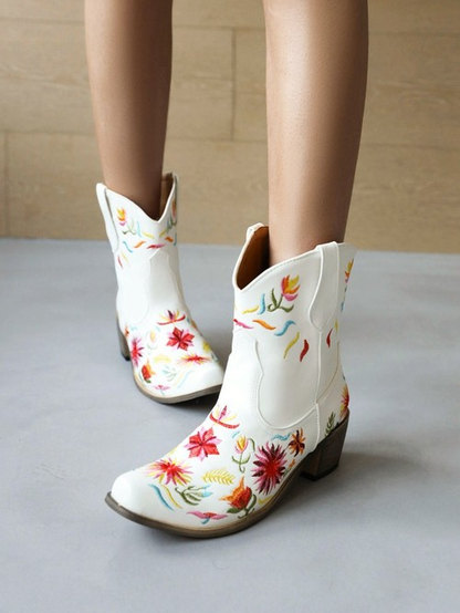 Embroidered Flowers Low-Heel Boots