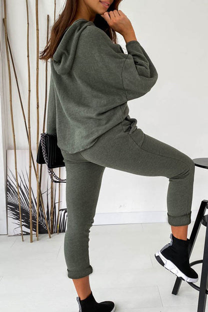 Solid Color Hooded Collar Three Quarter Two Pieces