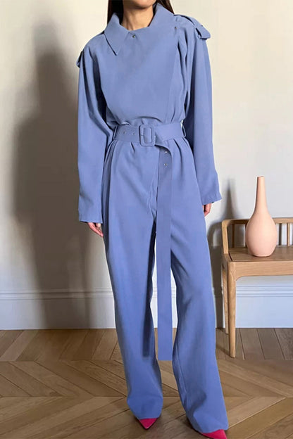 Work Solid Frenulum Turn-back Collar Regular Jumpsuits