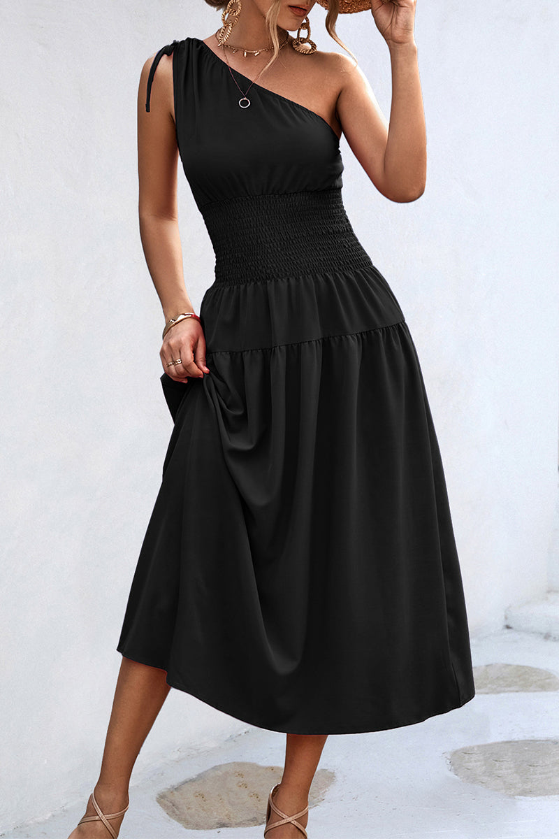 Casual Simplicity Solid Frenulum Oblique Collar Waist Skirt Dresses