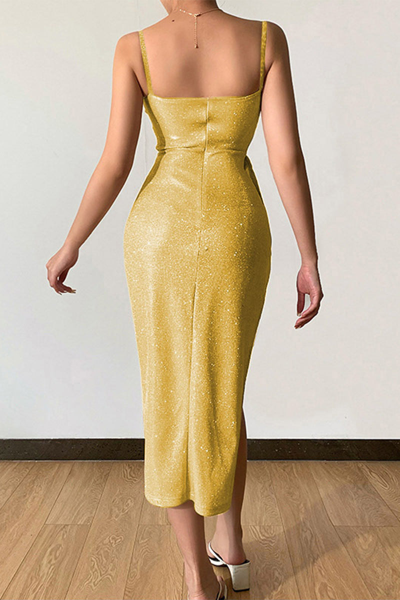 Sexy Elegant Solid Sequins Sequined V Neck Sling Dress Dresses