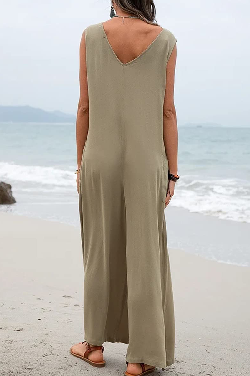 Casual Solid Patchwork U Neck Straight Jumpsuits