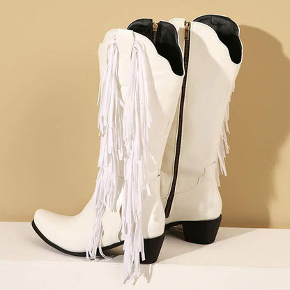 Women's Mid Heel High Boots But Not Knee Chunky Heel Fringed Boots 25406999C