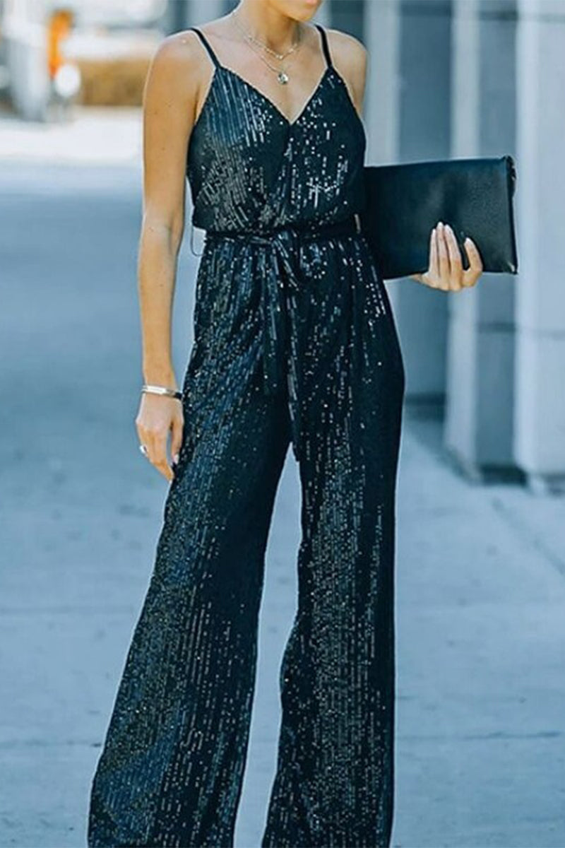 Street Elegant Solid Embroidered Sequins V Neck Regular Jumpsuits