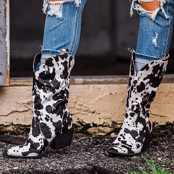 Women's Chunky Heel Pointed Toe Cow Print Cowboy Boots 78851198C