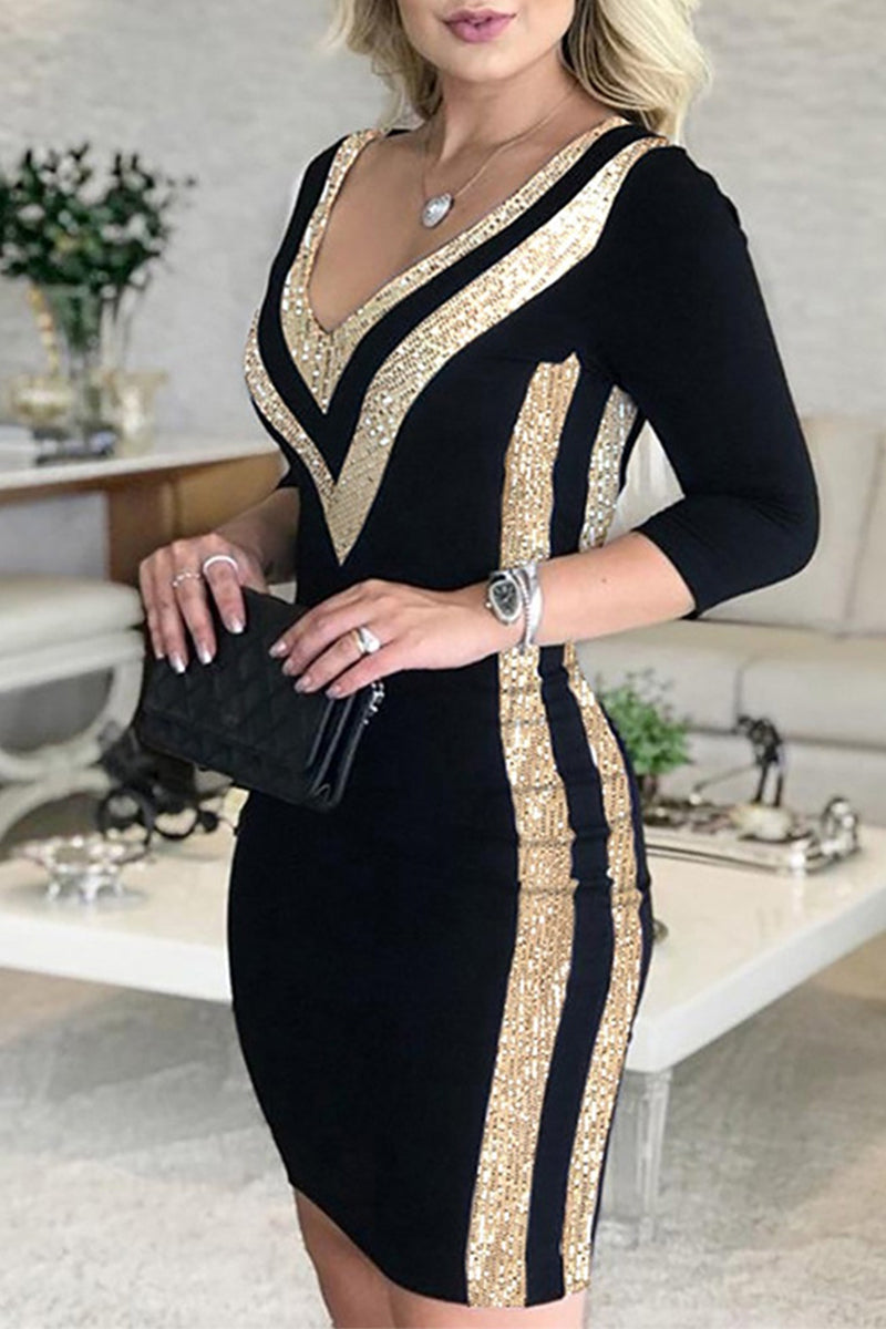 Striped Bead tube V Neck Sheath Dresses