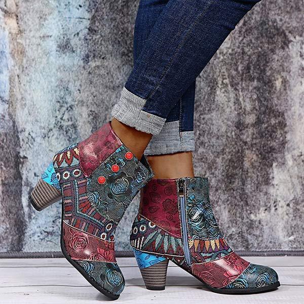 Women'S High Heel Block Heel Print Ankle Boots 98466130