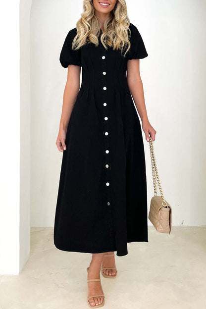 Casual Solid Buckle Turndown Collar A Line Dresses