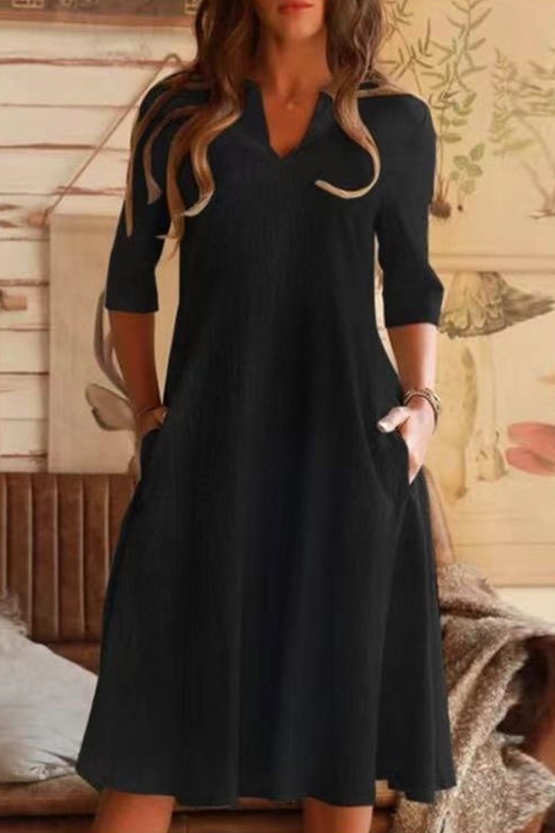 Daily Simplicity Solid Pocket V Neck A Line Dresses