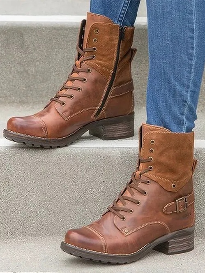 Retro Stitching Lace-up Zipper Boots