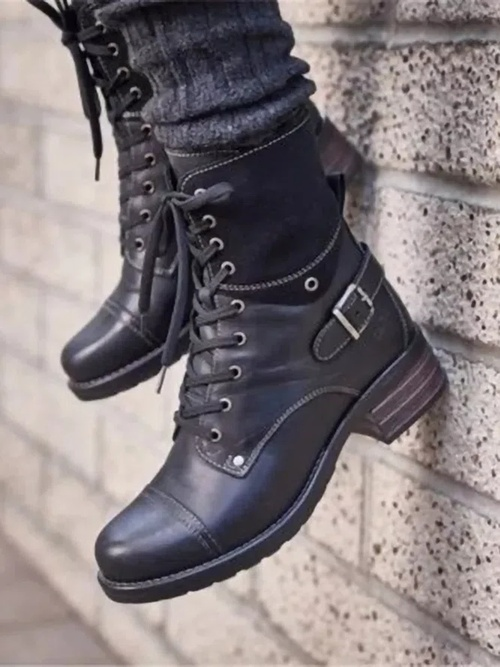 Retro Stitching Lace-up Zipper Boots