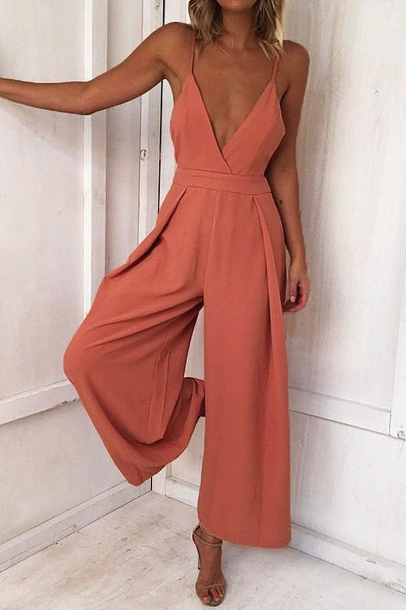 Fashion Solid Backless V Neck Loose Jumpsuits(3 colors)