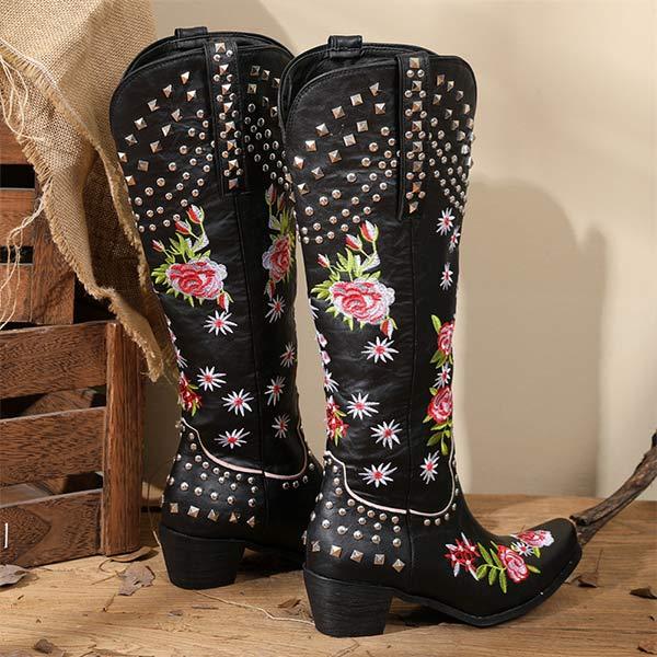 Women's Embroidered Studded High-Calf Mid-Heel Cowboy Boots 61919210C