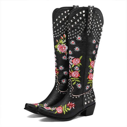 Women's Embroidered Studded High-Calf Mid-Heel Cowboy Boots 61919210C