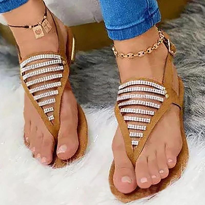 Women Casual Fashion Cloth Rhinestone Adjusting Buckle Beach Holiday Sandals