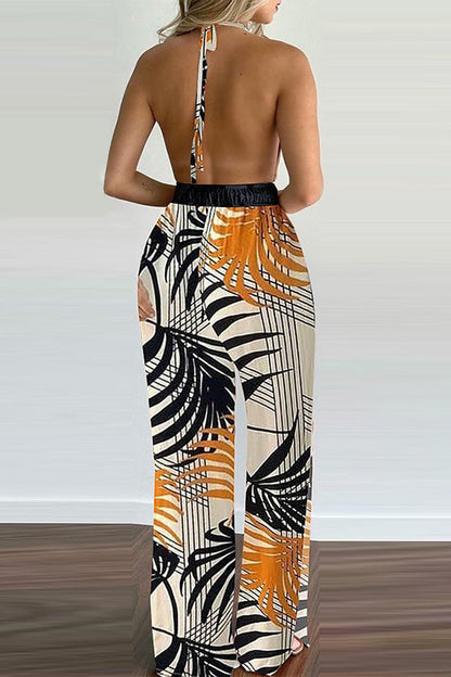 Casual Simplicity Print Spaghetti Strap Loose Jumpsuits(6 Colors)