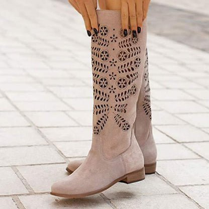Women's Comfortable Low Heel Embossed Suede High-Calf Boots 99568027C