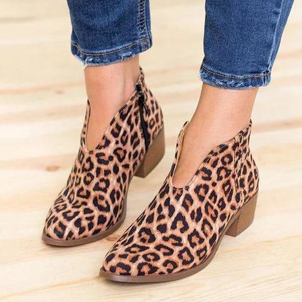 Women's Fashion Leopard Print Chunky Heel Ankle Boots 49688600C