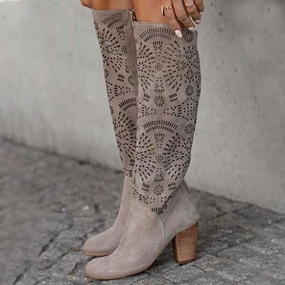 Women's High Heel Burnished Floral Side Zipper Suede Knee-high Boots 54686973C