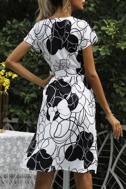 Elegant College Print Frenulum V Neck A Line Dresses