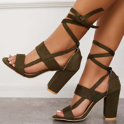 Lace Up Chunky Block High Heel Sandals Ankle Strap Dress Heels