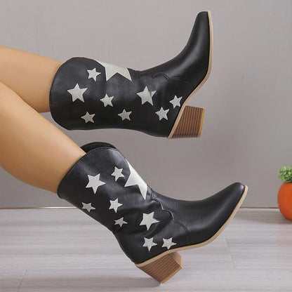 Women's Fashion Casual Star Chunky Heel Mid-calf Boots 79504262S