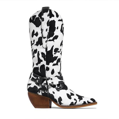 Women's Fashion Retro Cow Pattern Mid-calf Boots 86733591S