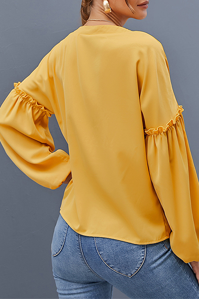 Casual Solid Buckle Stringy Selvedge V Neck Tops