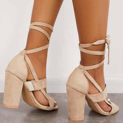 Lace Up Chunky Block High Heel Sandals Ankle Strap Dress Heels