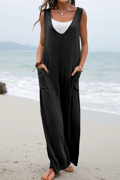 Casual Solid Patchwork U Neck Straight Jumpsuits