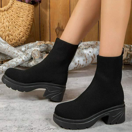 Women's Chunky Heel Thick Sole Sleeve Sock Boots 57220970C