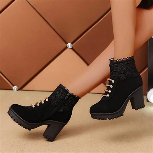 Women's Elegant Rhinestone Flower Lace Mid Heel Zipper Boots