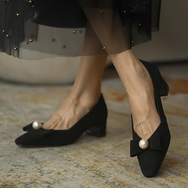 Women's Pearl Black Bow Block Heel Mary Jane Shoes 91094691S